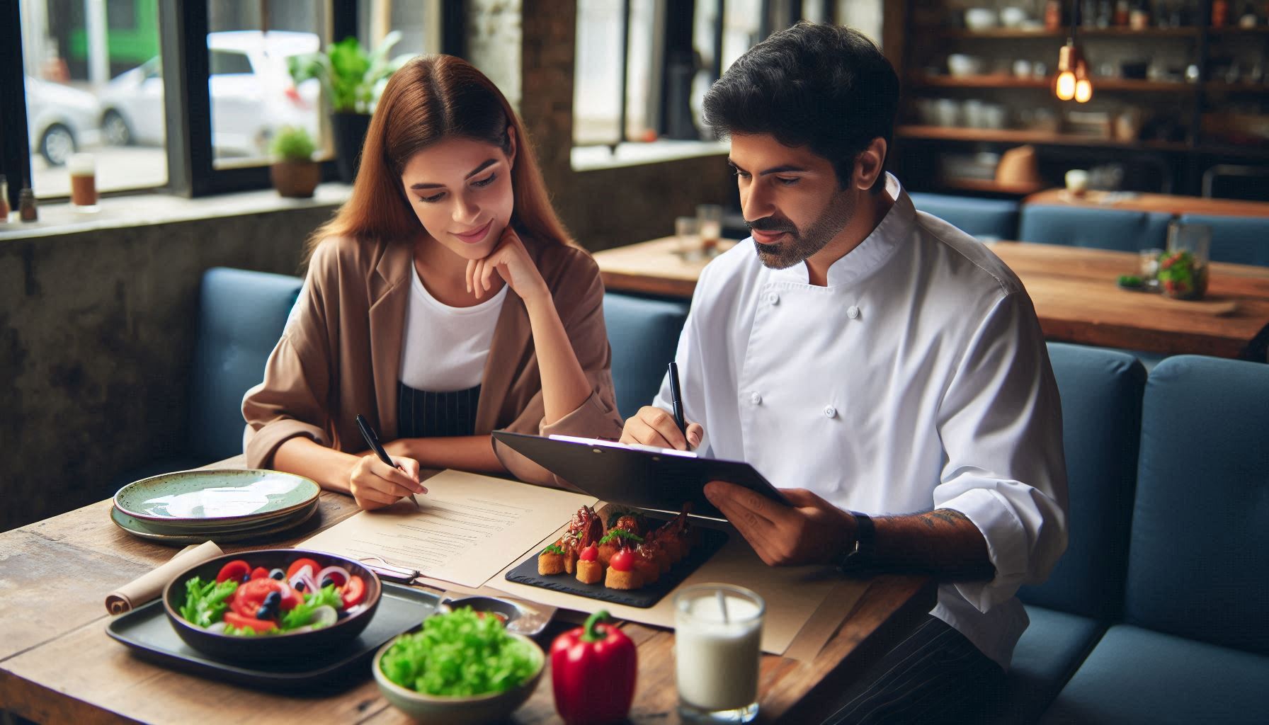 An AI-generated image of a chef-owner and head chef reviewing a restaurant menu