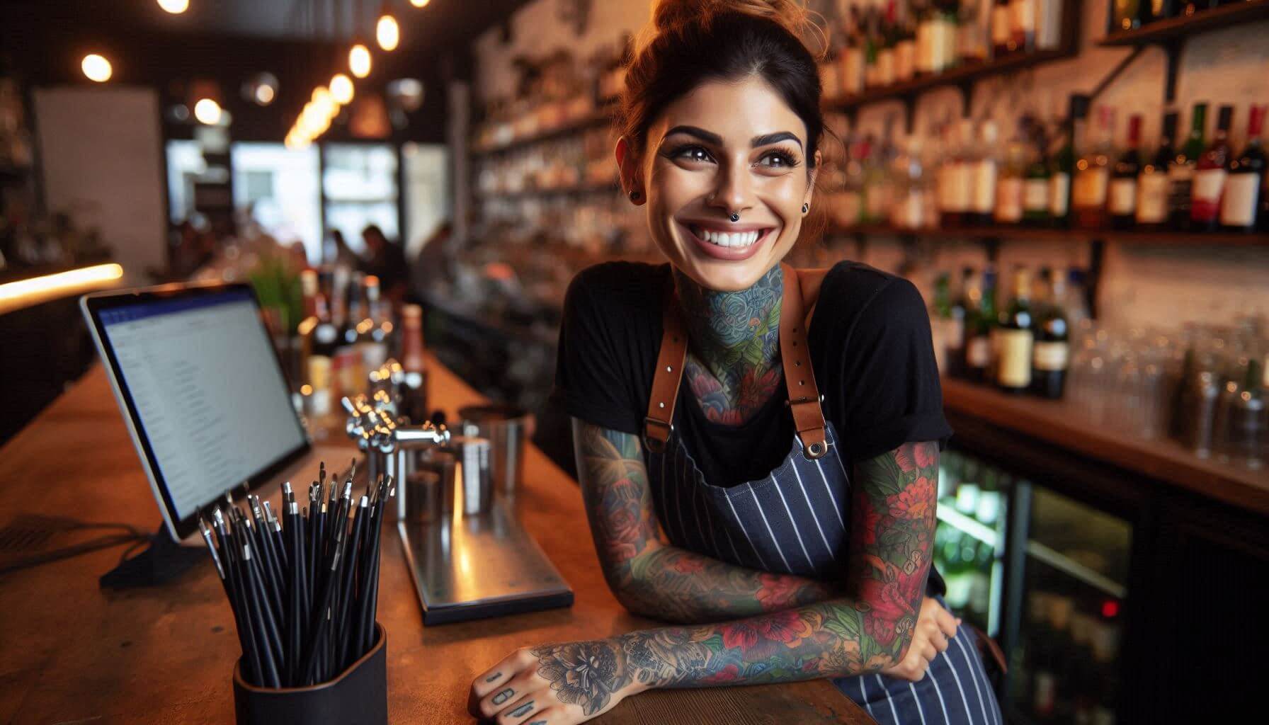 An AI-generated image of a tattooed female bartender, standing and smiling behind the bar