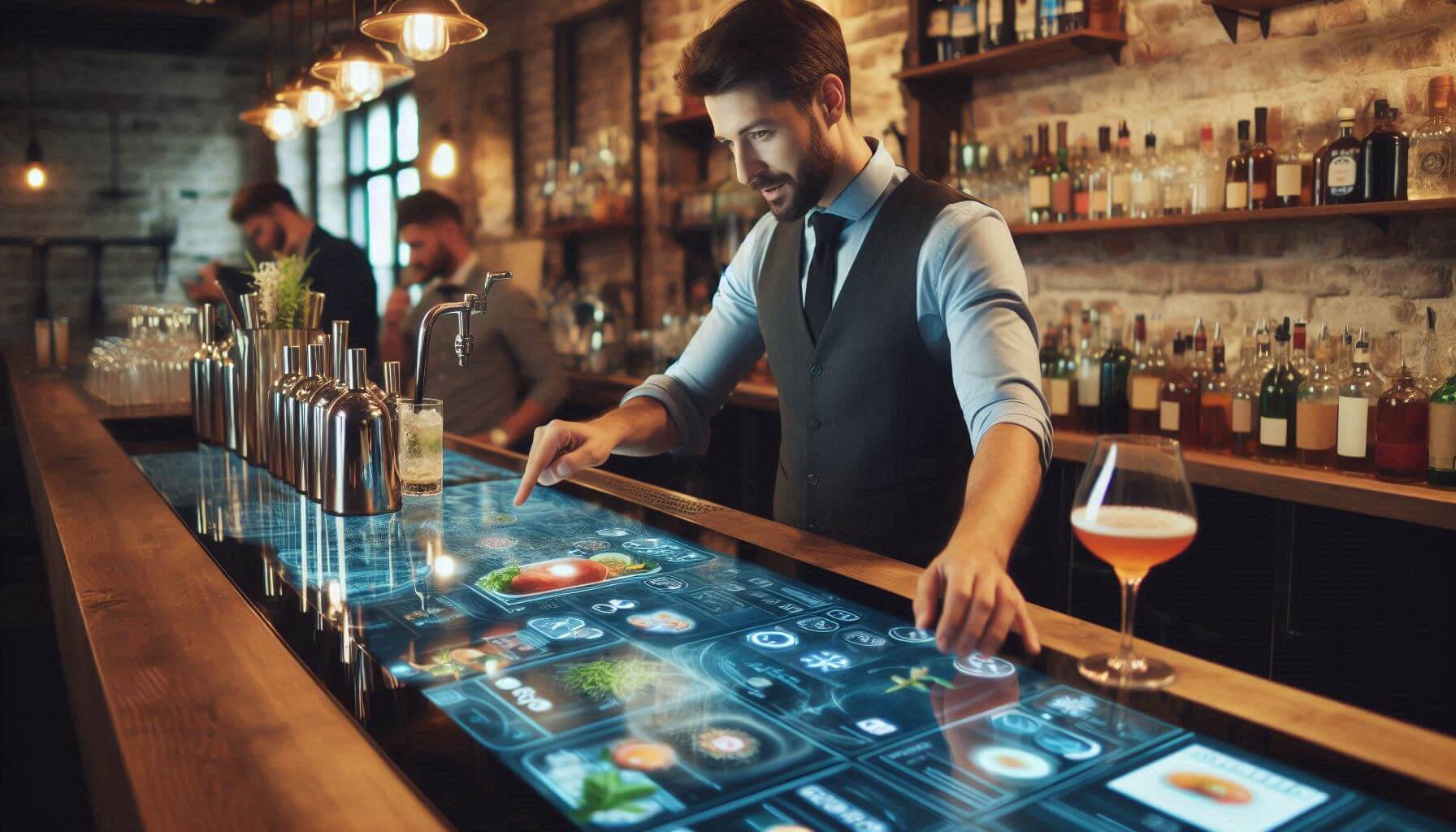 A bartender behind a bar top that's one giant touch screen, reviewing recipes