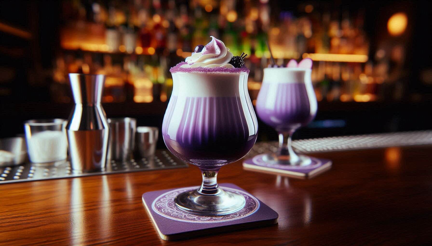 AI-generated image of two purple Ube Cream Liqueur cocktails on a bar