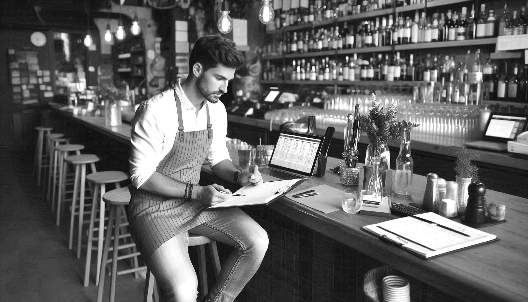 Restaurant or bar owner sitting at the bar, working on a schedule or calendar