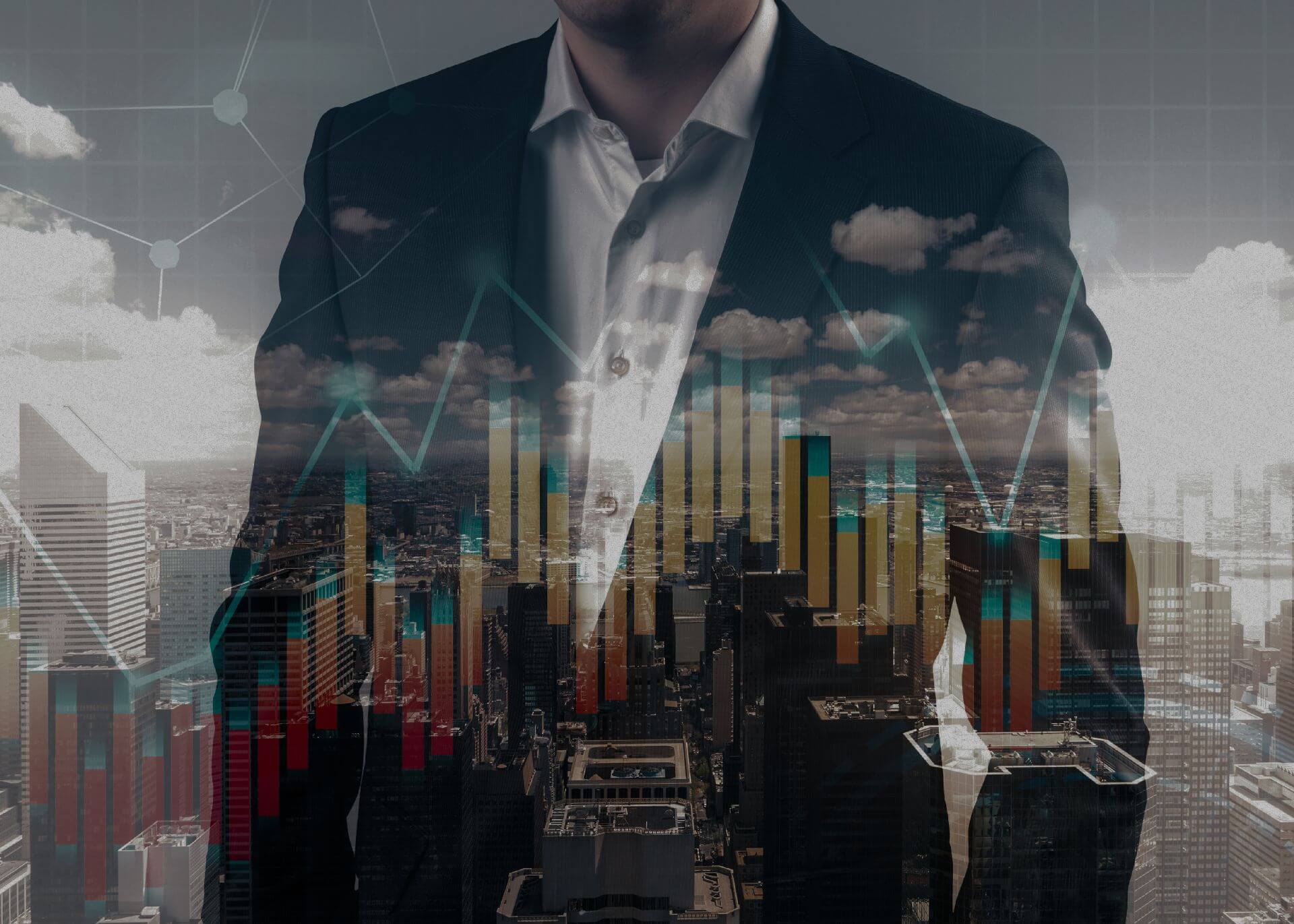 Image of a person in a suit superimposed over a chart and city skyline