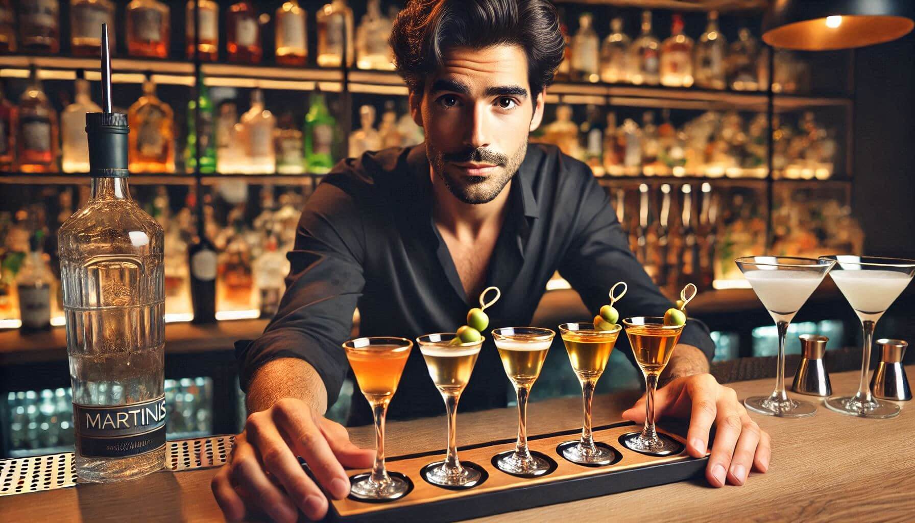 AI-generated image of a bartender serving miniature Martinis