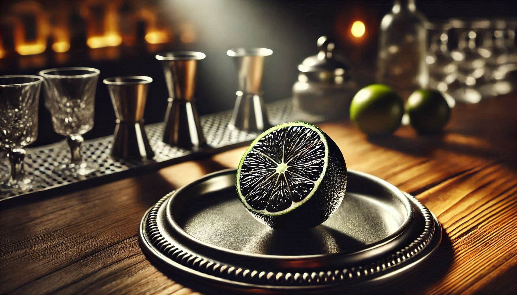 A single, halved black lime on a silver platter, resting on top of a bar in a shaft of light