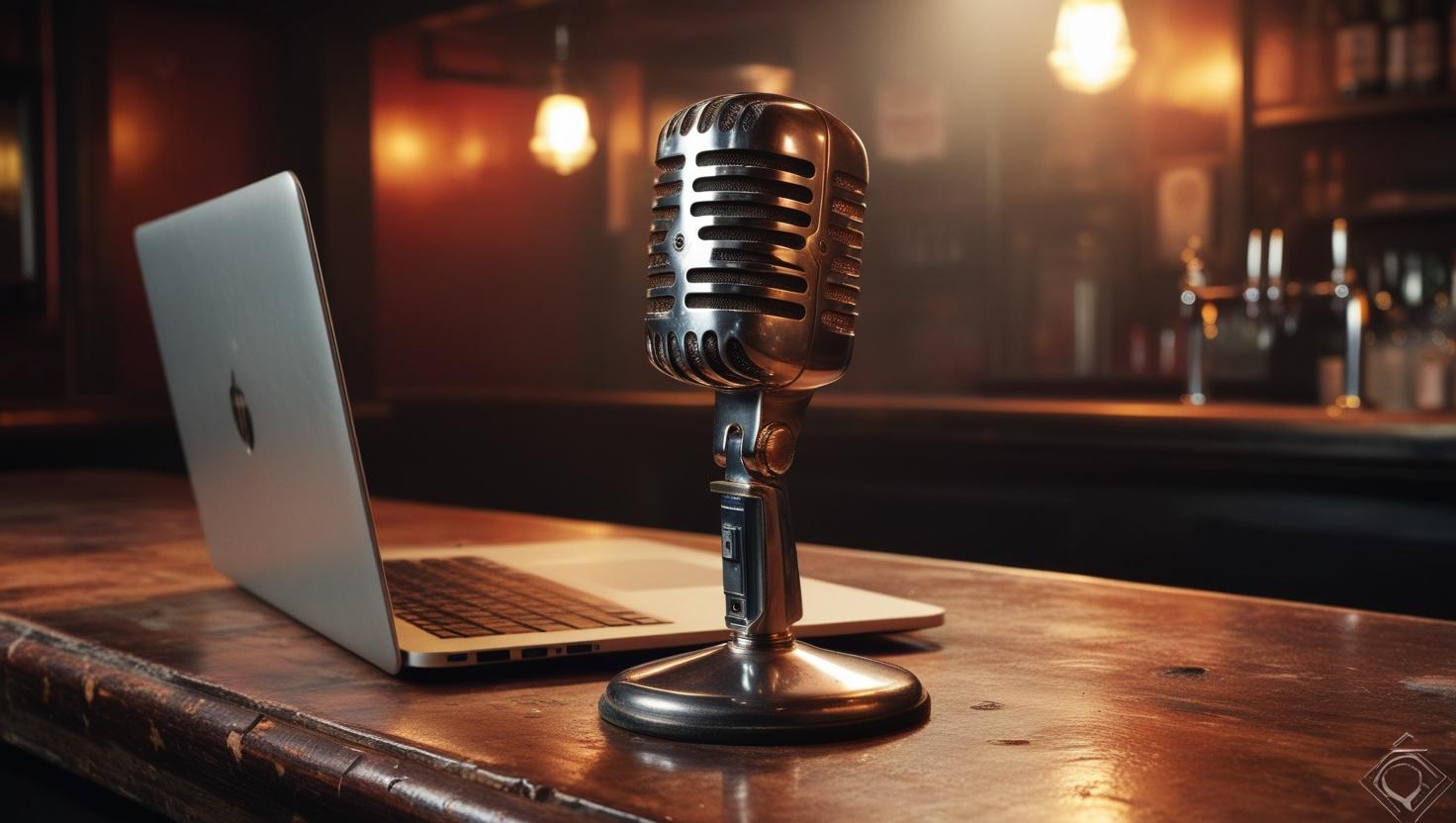 A classic, vintage microphone on top of a worn-in bar, next to a laptop