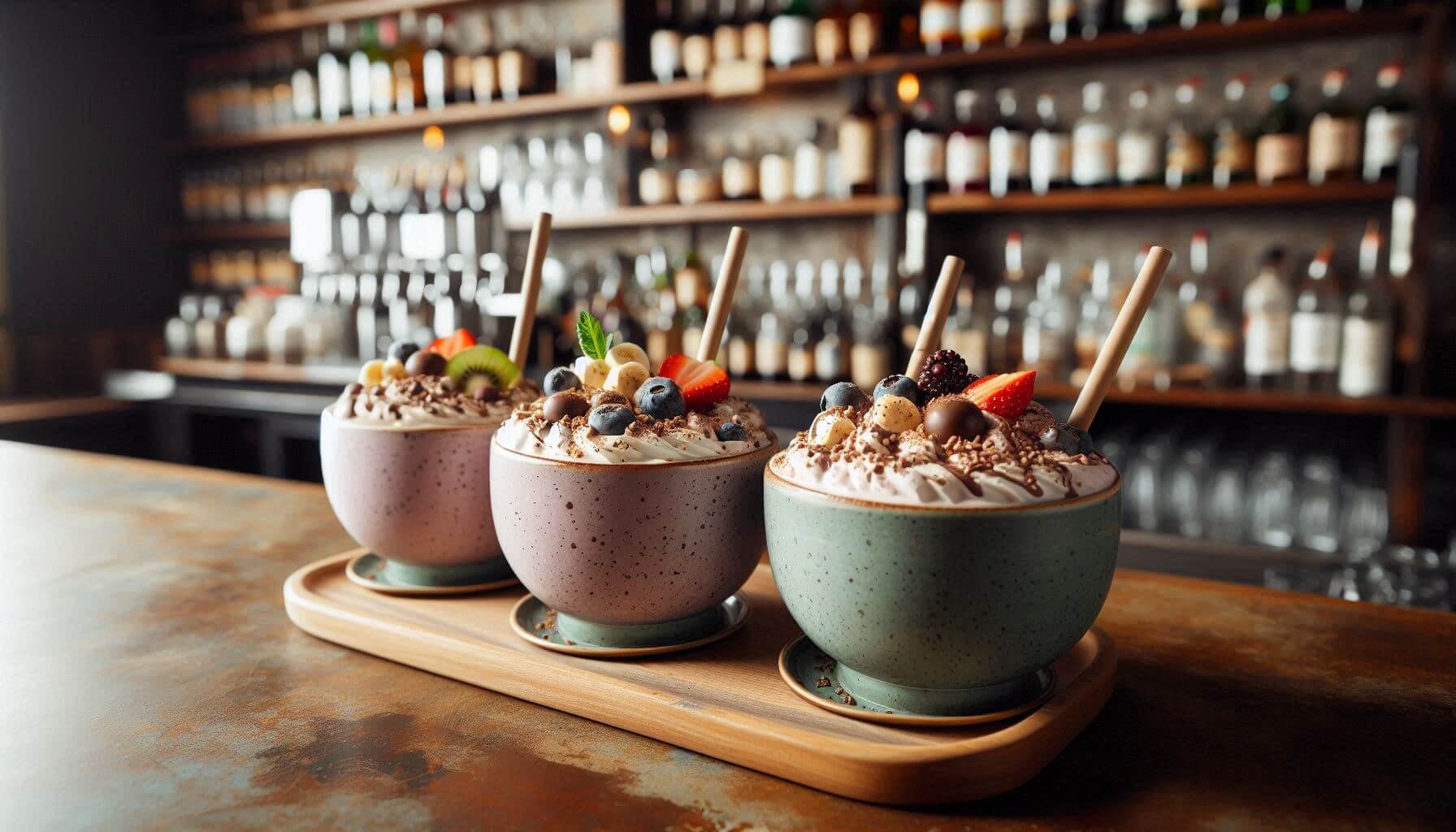 A trio of protein shake bowls on a wooden plank, resting on a bar top