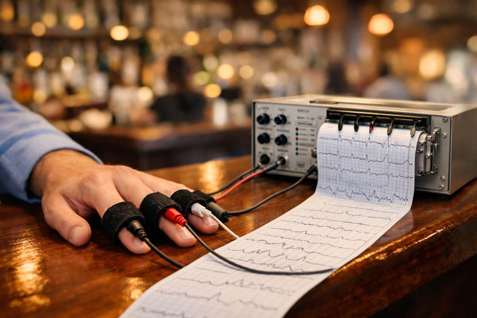 A closeup image of a hand attached to the leads of a lie detector, with the small polygraph machine sitting on the bar top.