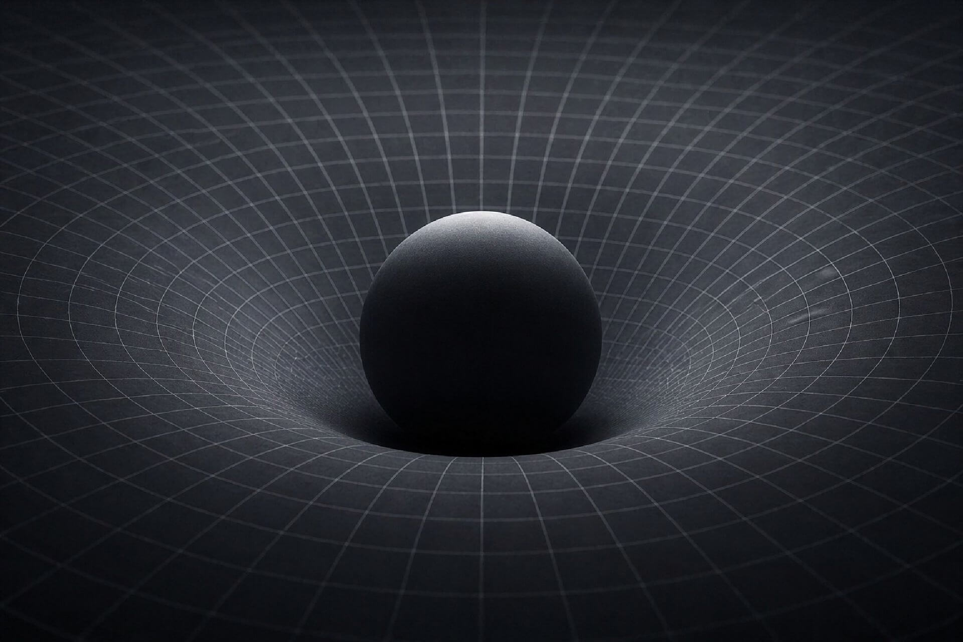 AI-generated image of a gravity well featuring a dark sphere impacting a dark background grid deepy