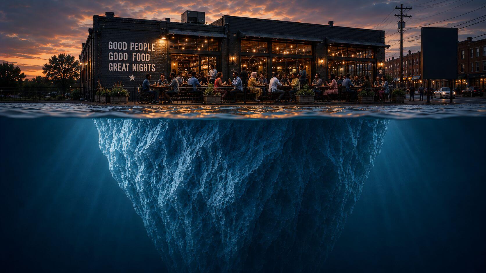 AI-generated image of a restaurant resting atop an iceberg visible only when viewed from underneath the waterline